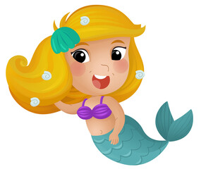 cartoon scene with happy young mermaid swimming on white background illustration for children