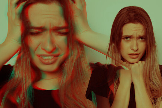 Woman suffering from paranoia on light green background, glitch effect