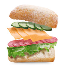 Tasty ciabatta sandwich with fresh ingredients in air on white background