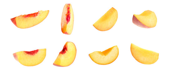 Pieces of fresh juicy peaches on white background