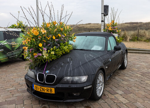  Cars decorated with flowers taking part in the Bloemencorso Bollenstreek the annual spring flower parade from Noordwijk to Haarlem in the Netherlands.