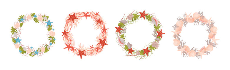 Decorative Sea Wreath Arranged of Shells and Conch from Ocean Bottom Vector Set