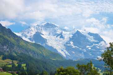famous Jungfraujoch mountain glacier, view from Wengen, swiss alps canton Bern