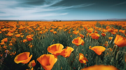 A straight on far away shot of a field of many bright orange poppy flowers with a level horizon. Generative AI