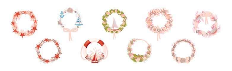 Decorative Sea Wreath Arranged of Shells and Conch from Ocean Bottom Vector Set