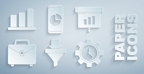 Set Sales funnel with arrows, Graph, chart, diagram, infographic, Briefcase, Time Management, Mobile phone and Pie icon. Vector