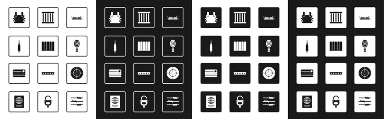 Set Flasher siren, Garden fence wooden, Bullet, Bulletproof vest, Car key with remote, Prison window, Target sport and Credit card icon. Vector