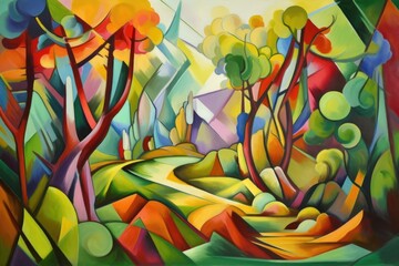 cubist painting of a lush natural landscape, with vibrant colors and precise lines, created with generative ai