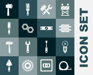 Set Roulette construction, Angle grinder, Bricks, Hammer and wrench spanner, Hexagonal metal nut, Rasp file, Wooden axe and Construction bubble level icon. Vector