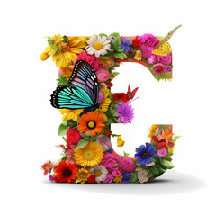 The capital letter E is made of flowers and butterflies, flowers wrapped letter, Floral Letter, Generative AI