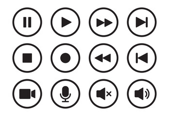 Audio, video, music player circle button icon. Sound control, play, pause button solid icon set. Camera, media control, microphone interface pictogram. Vector illustration.