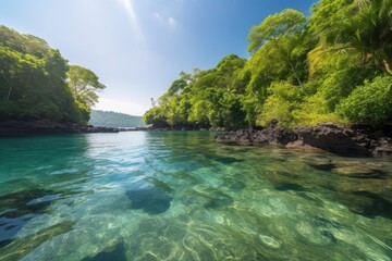 Obraz premium tropical coast with lush greenery and clear blue waters, created with generative ai