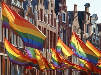 The flags of the LGBT community on houses on the streets of Amsterdam in Holland, banner for Amsterdam gay pride parade in August, created with generative ai