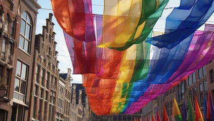 Rainbow flags hanging in a street of the city of Amsterdam, Netherlands., banner for Amsterdam gay pride parade in August, created with generative ai - obrazy, fototapety, plakaty