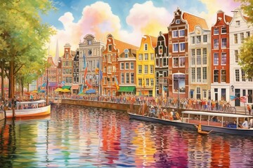 Watercolor painting of Amsterdam canals and typical houses. Cityscape with houses on riverbank. Landmark of Netherlands. Colorful illustration, created with generative ai