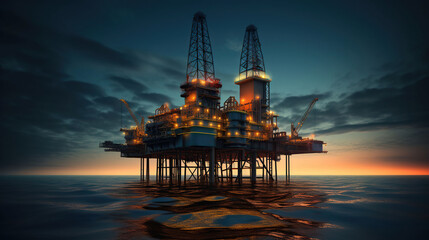 An oil platform on the calm sea with lights - obrazy, fototapety, plakaty