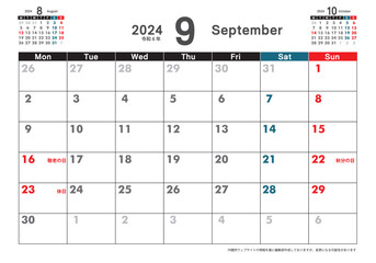 令和6年 2024年9月　月曜始まり卓上カレンダー素材イラスト　テンプレートデータ　ベクターデータ