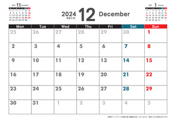 令和6年 2024年12月　月曜始まり卓上カレンダー素材イラスト　テンプレートデータ　ベクターデータ