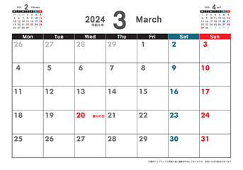 令和6年 2024年3月　月曜始まり卓上カレンダー素材イラスト　テンプレートデータ　ベクターデータ