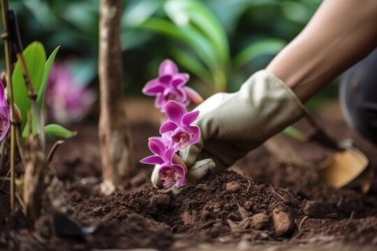 gardener, planting delicate orchid, in serene and peaceful garden, created with generative ai