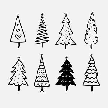 Set christmas tree Hand drawn line art design