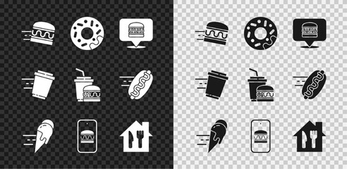 Set Online ordering burger delivery, Donut, ice cream, and, Coffee cup to go and Paper glass icon. Vector