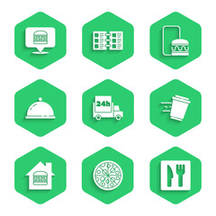 Set Fast delivery by car, Pizza, Cafe and restaurant location, Coffee cup to go, Online ordering, Covered with tray food, and burger icon. Vector