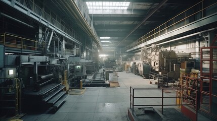 Step into the bustling world of a busy factory floor, where state-of-the-art machinery hums with precision and efficiency. Generated by AI.