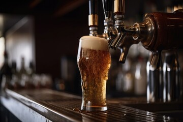 close-up of draught beer flowing from tap, with foamy head, created with generative ai