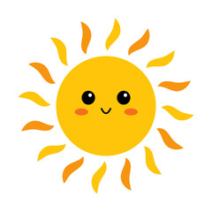 Vector cute sun with face. Funny smiling sun in flat design. Childish sunshine emoji. Kawaii sun with sunbeams. Baby sunshine clipart.