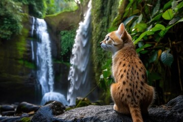 exotic pet with view of towering waterfall, cascading water, created with generative ai