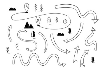 Hand drawn arrows. Map layout. Map pointers. Doodle map route vector pictogram set. Vector illustration.
