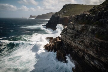 Fototapeta na wymiar majestic coastal cliffs, with waves crashing against the rocks below, created with generative ai
