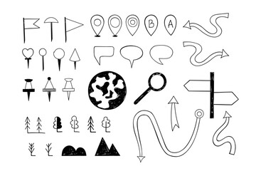 Hand-drawn map pointers. Set of navigation pins. Arrows and map markings. Map markings. Pointers. Vector illustration.