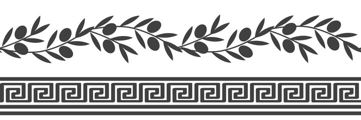 Seamless pattern with Roman ornament and olive branches. Vector decorative border for wall decor, olive oil packaging, tiles, cards