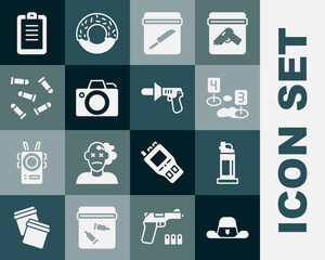 Set Sheriff hat with badge, Pepper spray, Marker of crime scene, Evidence bag knife, Photo camera, Bullet, Police report and megaphone icon. Vector