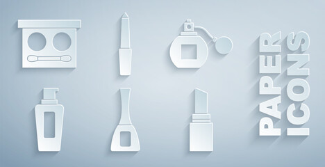 Set Nail polish bottle, Perfume, Bottle of shampoo, Lipstick, file and Eye shadow palette icon. Vector