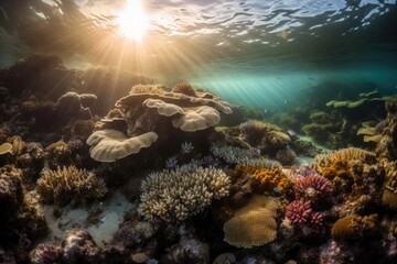 Fototapeta premium coral reef under the midnight sun, with vibrant colors and active marine life, created with generative ai