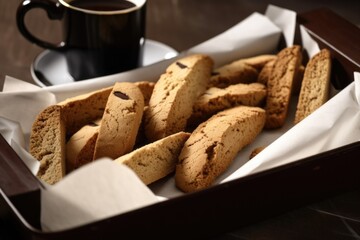 tray of freshly baked biscotti, ready to be eaten with a cup of hot coffee, created with generative ai