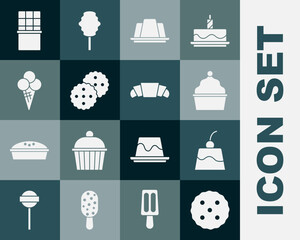 Set Cookie or biscuit, Pudding custard, Cake, Jelly cake, Ice cream waffle cone, Chocolate bar and Croissant icon. Vector