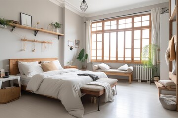 Fototapeta na wymiar light and airy bedroom, in which only essential items are kept, created with generative ai