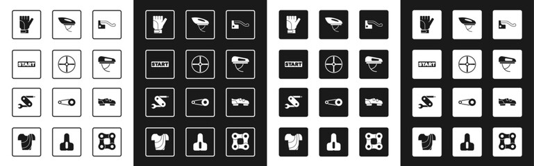 Set Bicycle brake, wheel, Ribbon in finishing line, Gloves, helmet, shoes and Swiss army knife icon. Vector