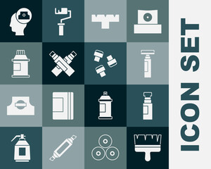 Set Paint brush, Marker pen, attachment, Paint, gouache, jar, dye, Spray can nozzle cap and icon. Vector