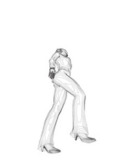 The contour of a girl in sunglasses stands with her leg forward and her hand on her hip. Silhouette standing woman in sunglasses. Stylized contemporary portrait model. Girl in trendy clothes. Vector.