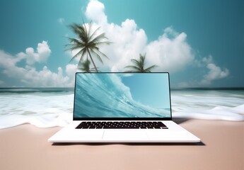 tropical palm beach laptop concept summer travel computer tree vacation. Generative AI.