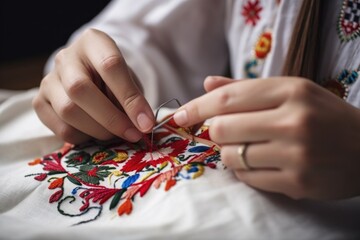 close-up of freelancer's hands, working on detailed embroidery project, created with generative ai