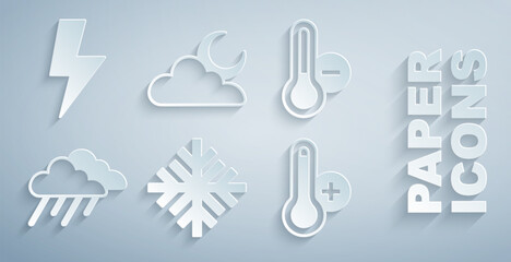 Set Snowflake, Meteorology thermometer, Cloud with rain, moon and Lightning bolt icon. Vector