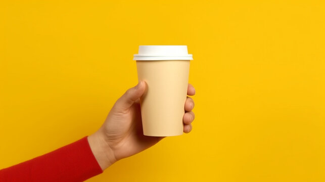A hand holds a cup for coffee on a yellow background. Takeaway drinks. Generative AI