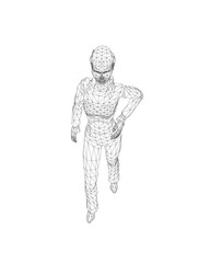 Businesswoman character wireframe. Attractive girl wearing formal suit standing. Vector illustration isolated on white background. 3D. Vector business woman black silhouette walk step forward..