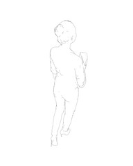 Fototapeta na wymiar Drawing of fashionable young woman walking with folder with documents in hand. Vector of girl walk. Drawing Illustration of Young Woman. isolated, sketch, contour girl, woman walking.